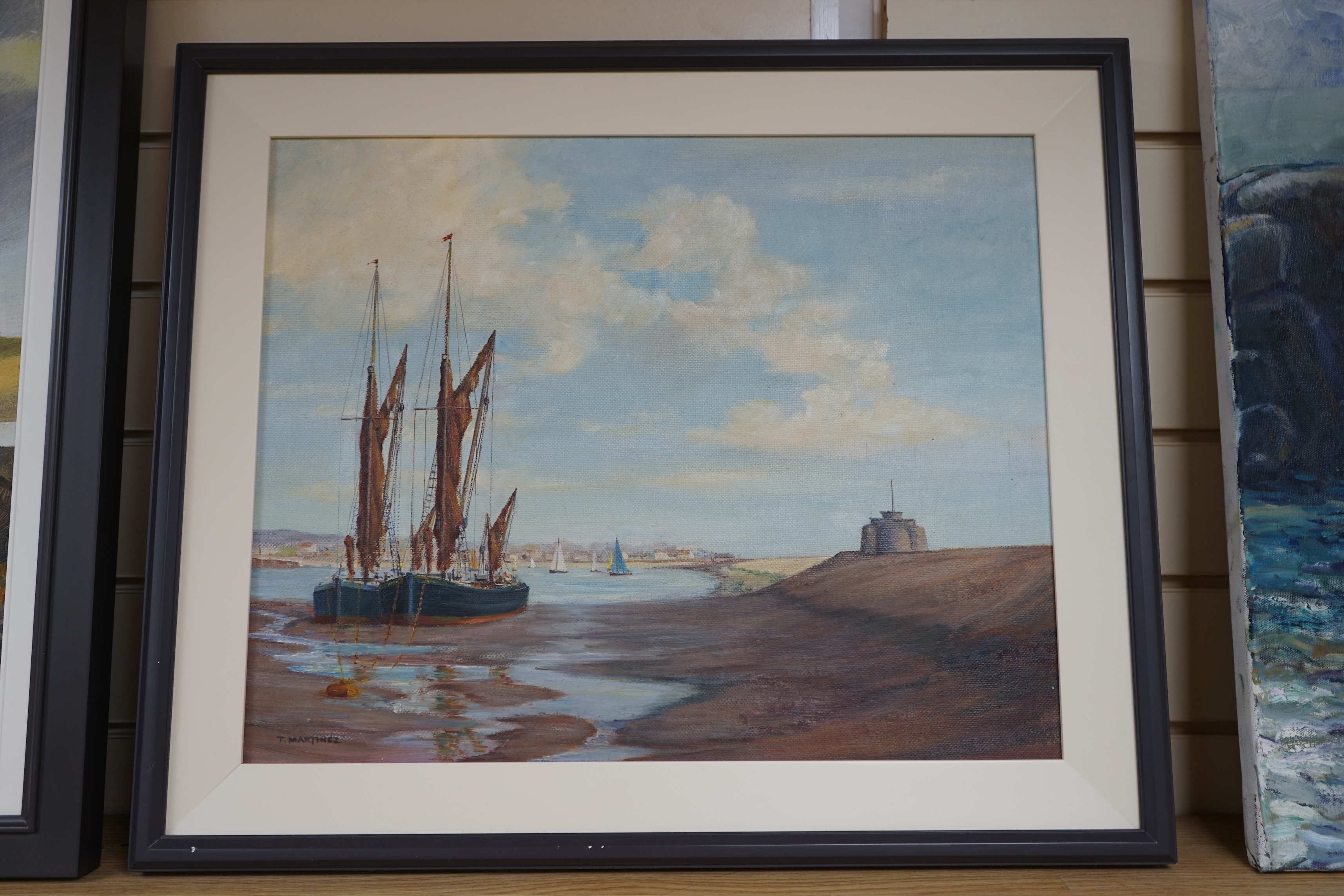 T. Martinez, oil on canvas board, Boats in estuary, signed, 39.5 x 49.5cm. Condition - good